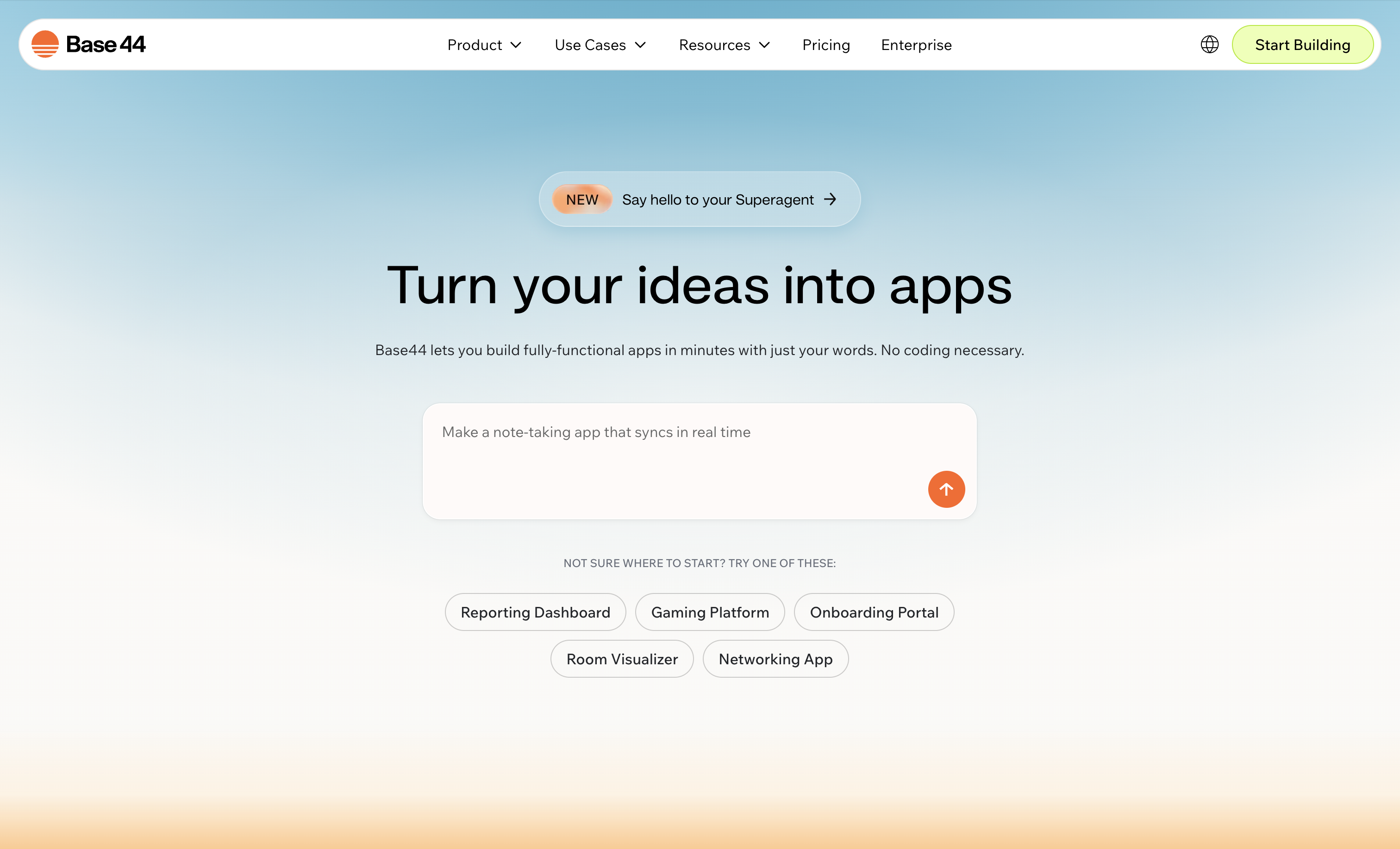 The Base44 home page: 'Turn your ideas into apps' with suggestions like Reporting Dashboard, Gaming Platform