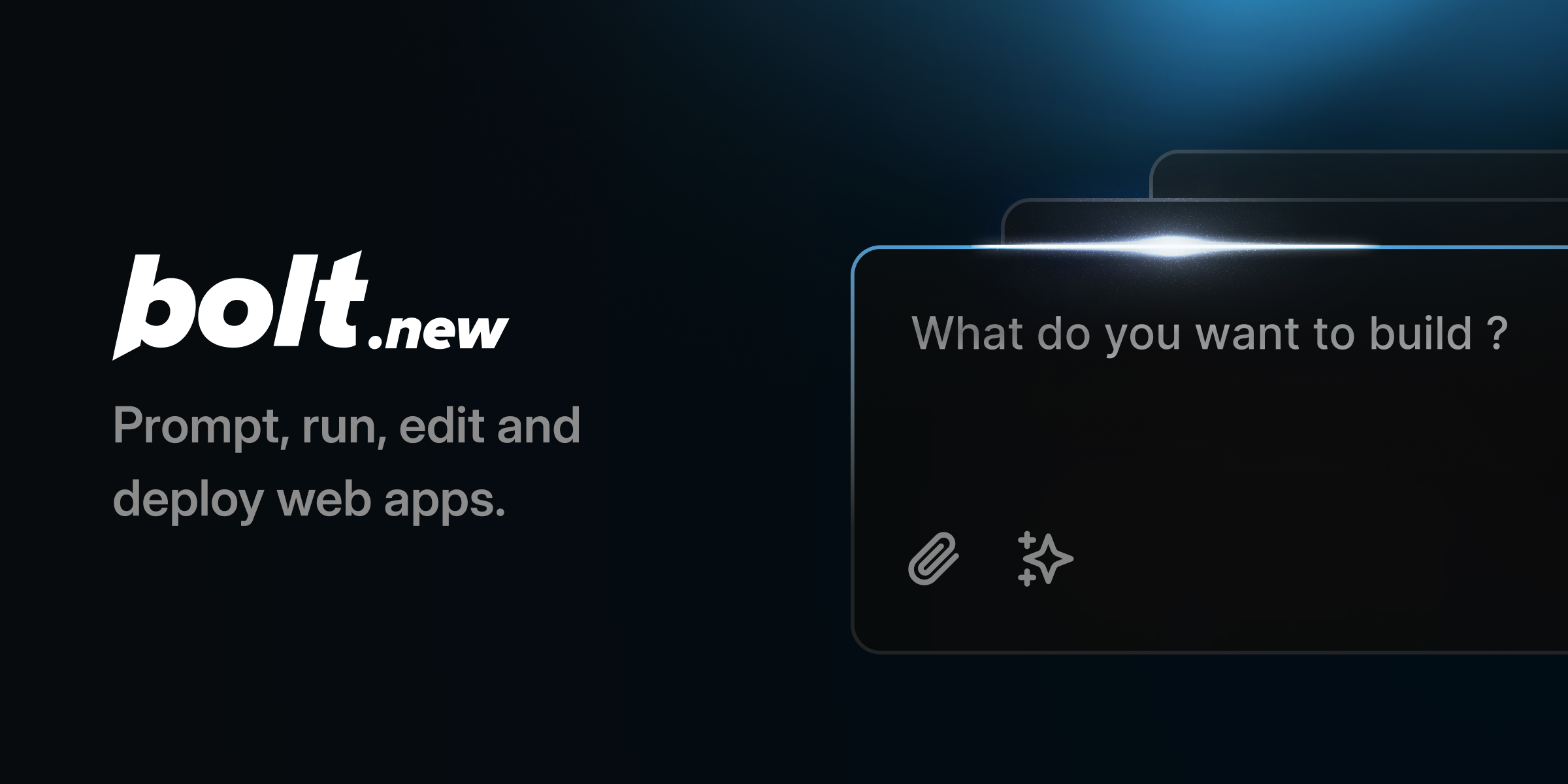 The Bolt.new interface: a 'What do you want to build?' prompt on a dark background — clearly aimed at developers