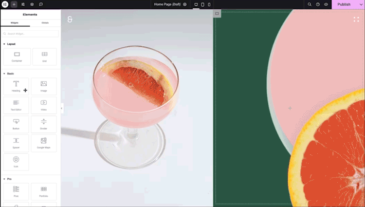 The Elementor editor with its widgets panel on the left and the drag-and-drop canvas on the right