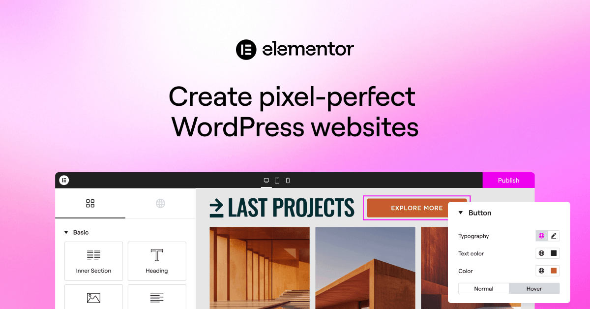 Elementor's marketing interface promising pixel-perfect sites with its drag-and-drop editor