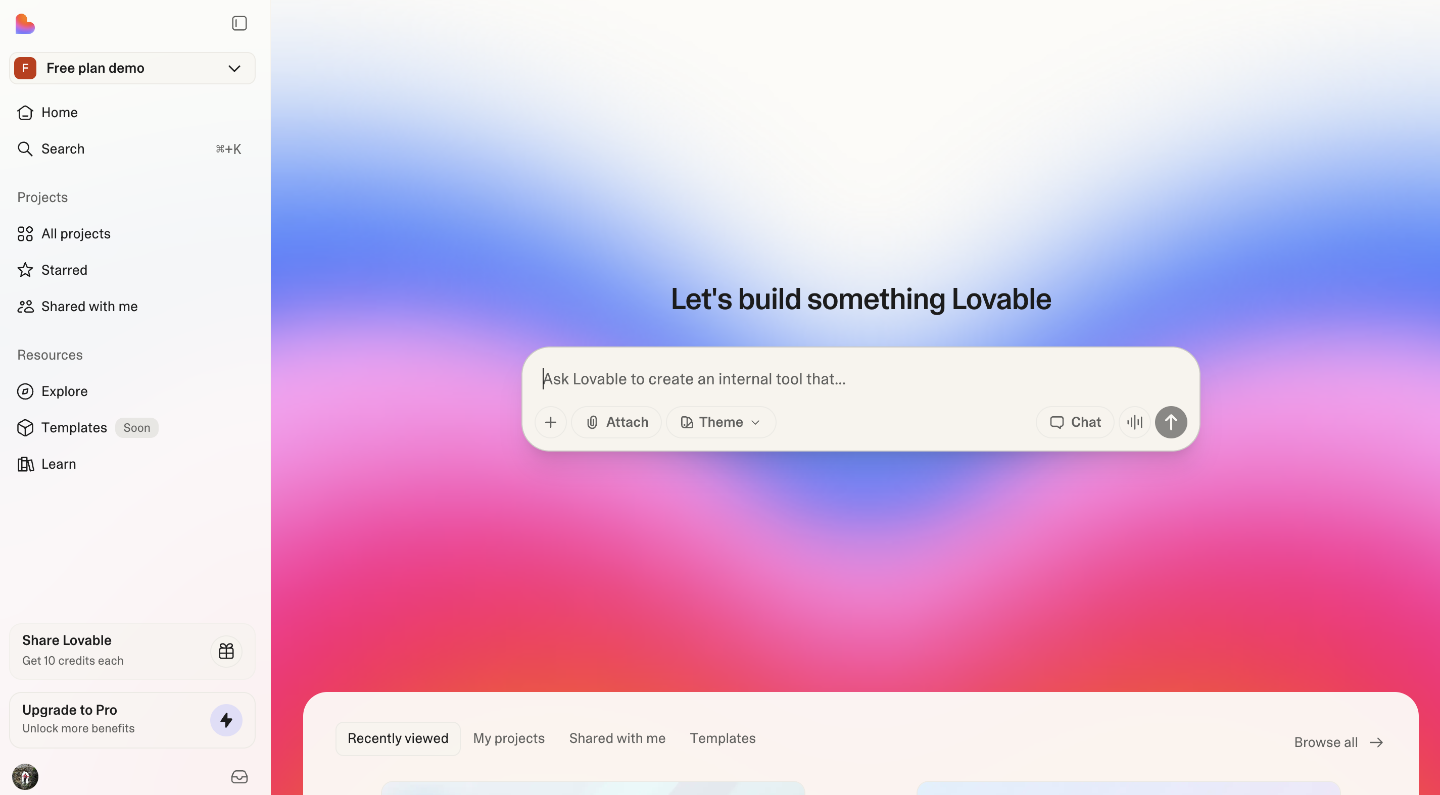 The Lovable dashboard with its 'Ask Lovable to create an internal tool' prompt, projects sidebar and template gallery