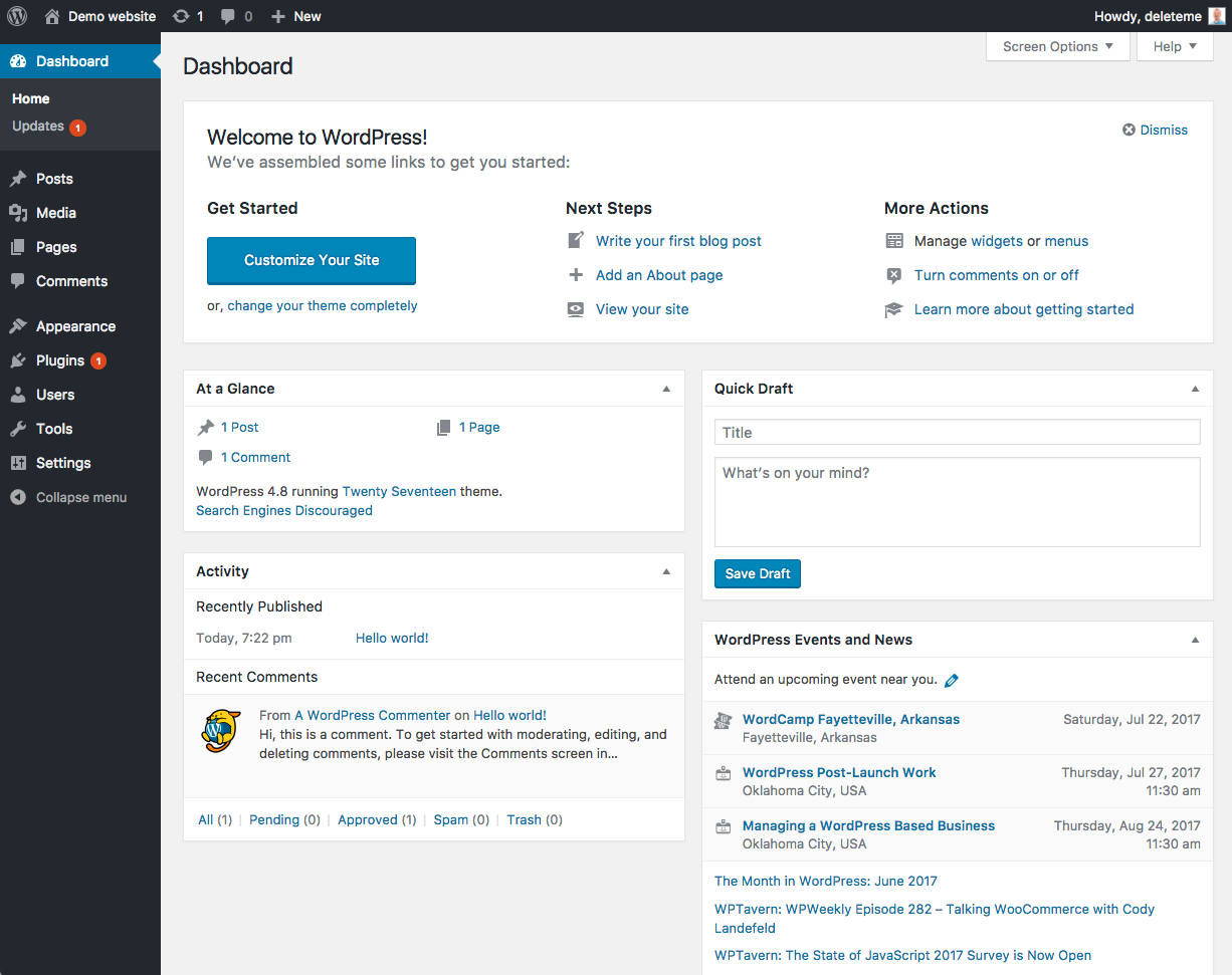 The WordPress dashboard with its 15+ menu sidebar, widgets and update notifications