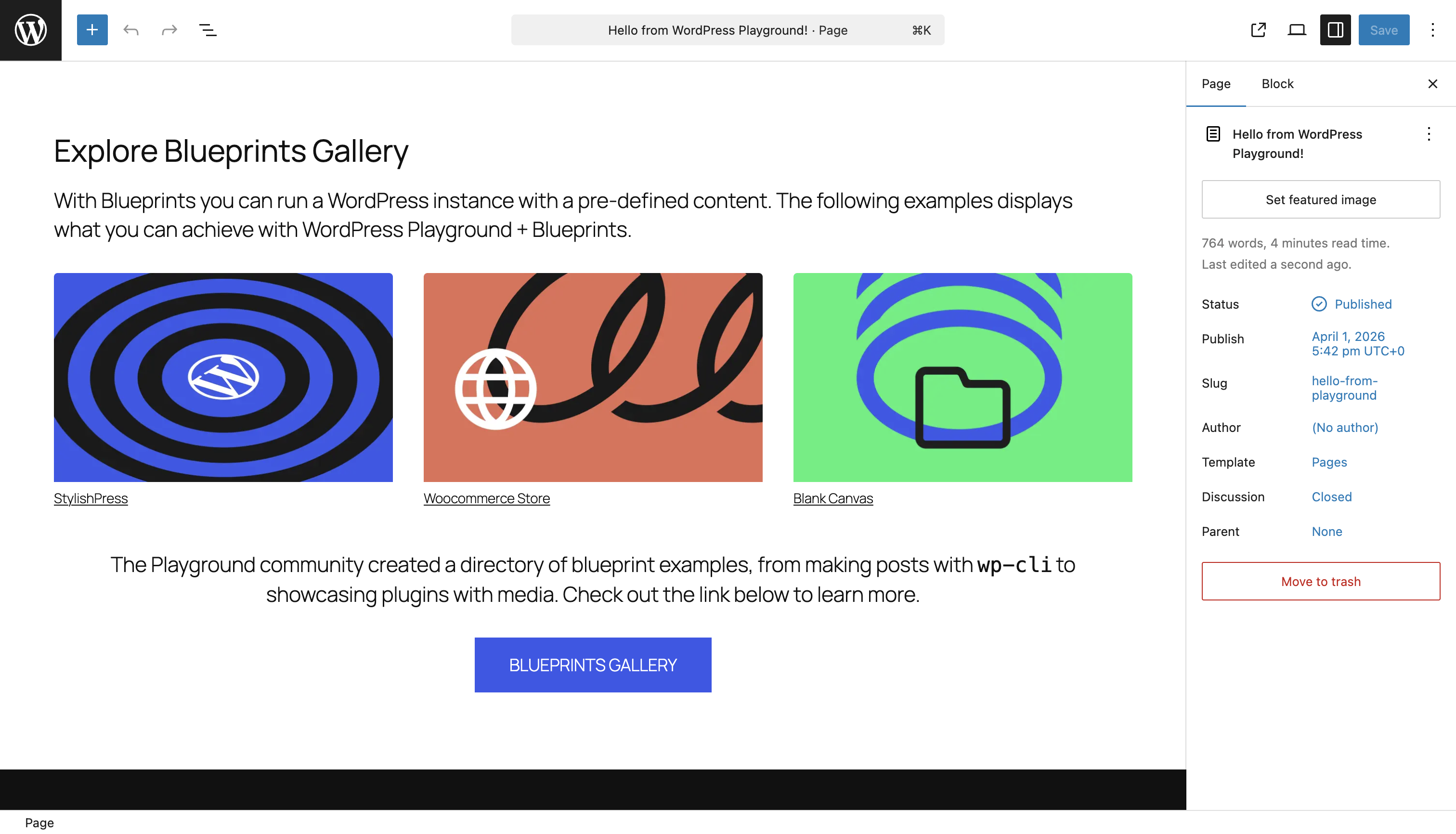 The WordPress Gutenberg editor with its Page/Block settings panel, content area and toolbar